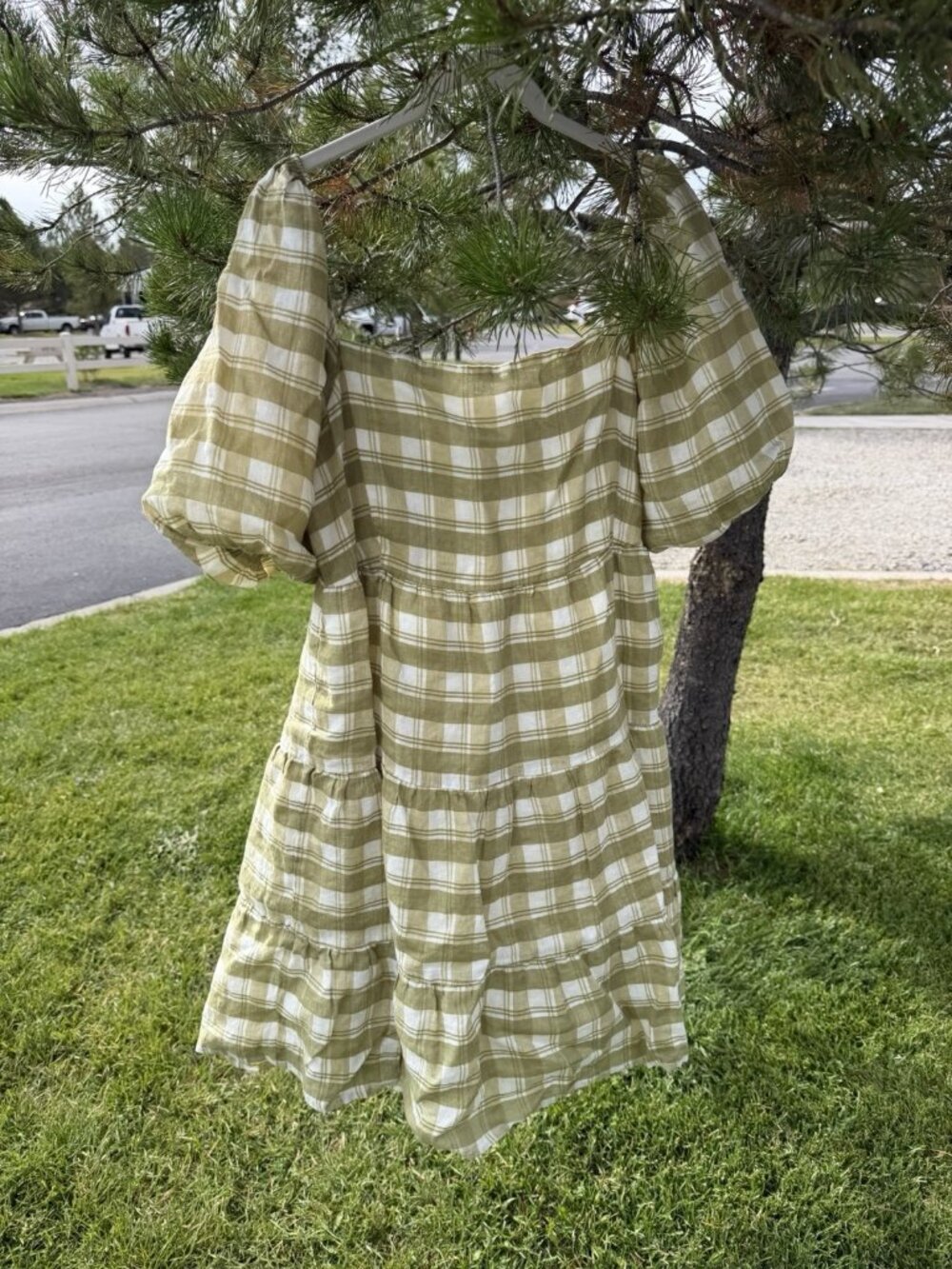 Faithfull the Brand Leilani Shirred plaid linen mini green tiered dress 12